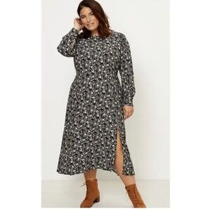LOFT Long Puff Sleeve Black and Blue Floral Midi Dress with Slit Size 0